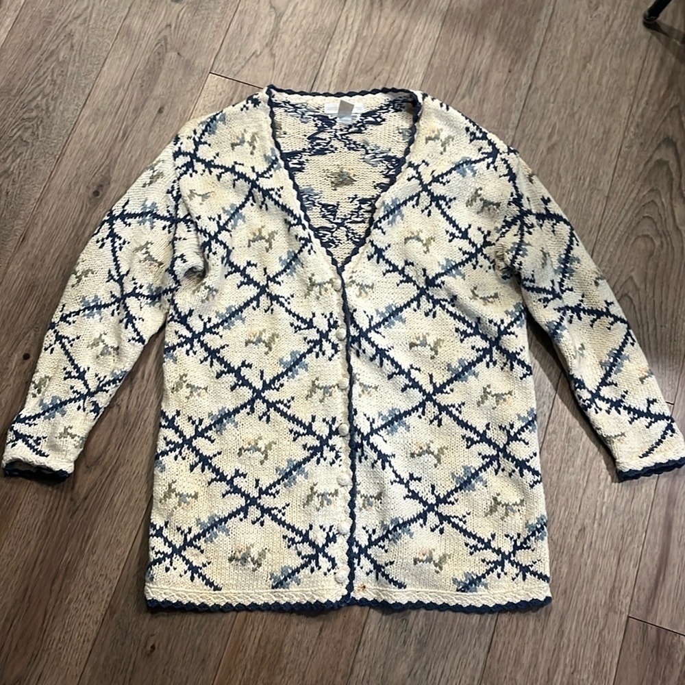 Women's Cream and Blue Cardigan Sweater
